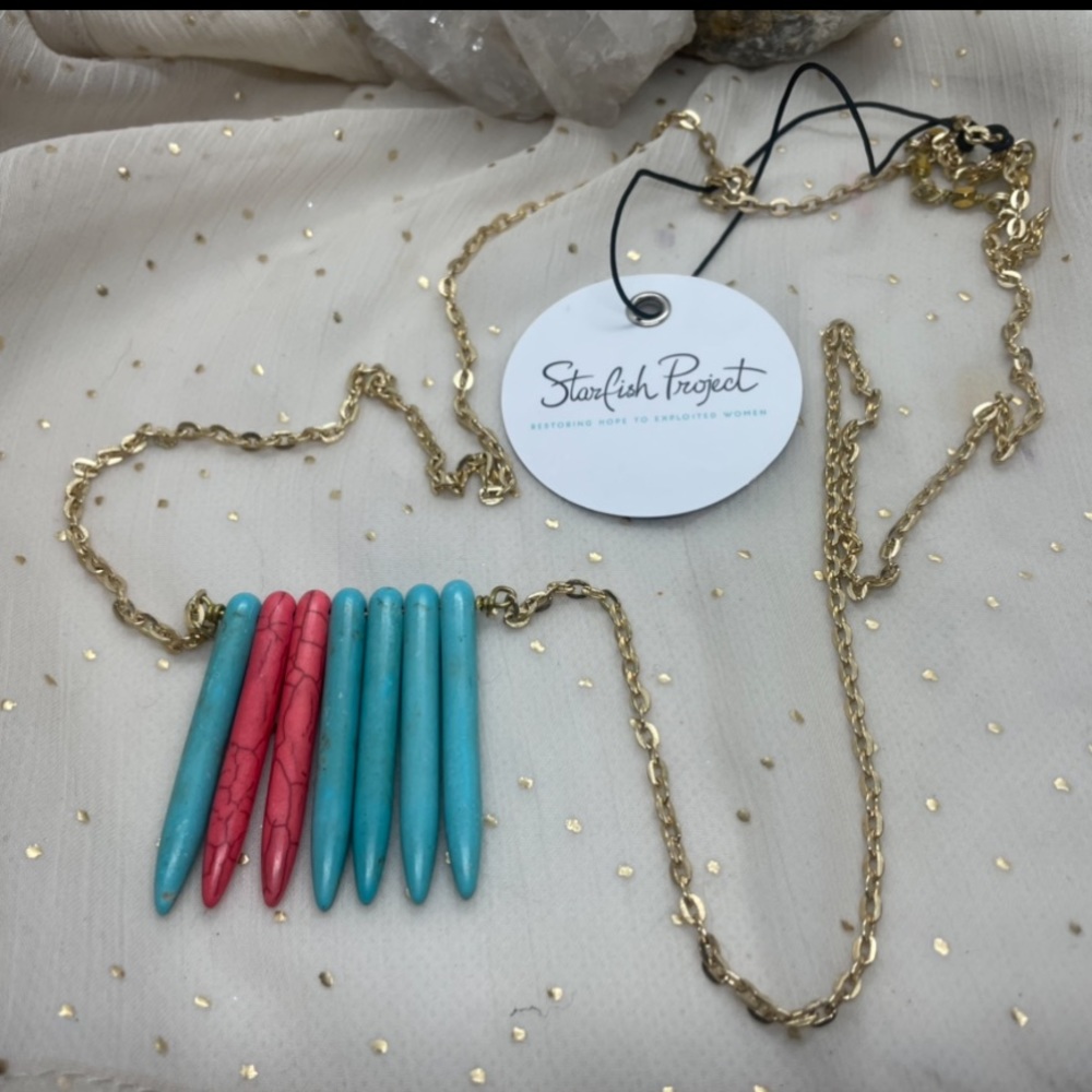 Turquoise and Coral colored Gold Stone Necklace